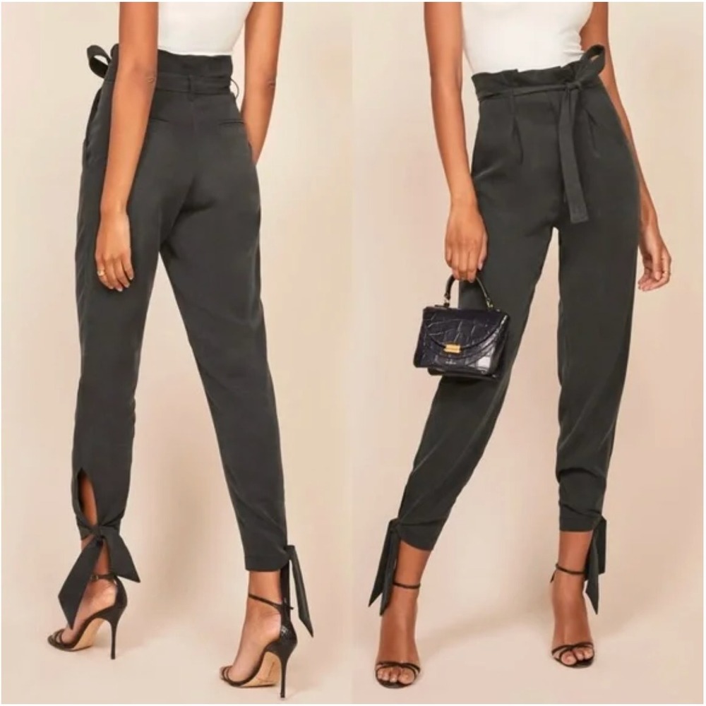 Reformation Avalon Pants Womens 8 Black High Waist Tie Ankle Paperboy Trousers - Picture 2 of 16
